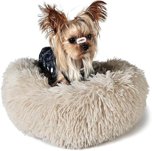 Tiny Dog Bed Extra Small Washable 15 inches Beige Donut Soft Small Dog Bed,Calming Anti Anxiety Round Fits up to 5 lbs Warm Comfort Pets Beds for Puppy Dogs Indoor - PAWPICO