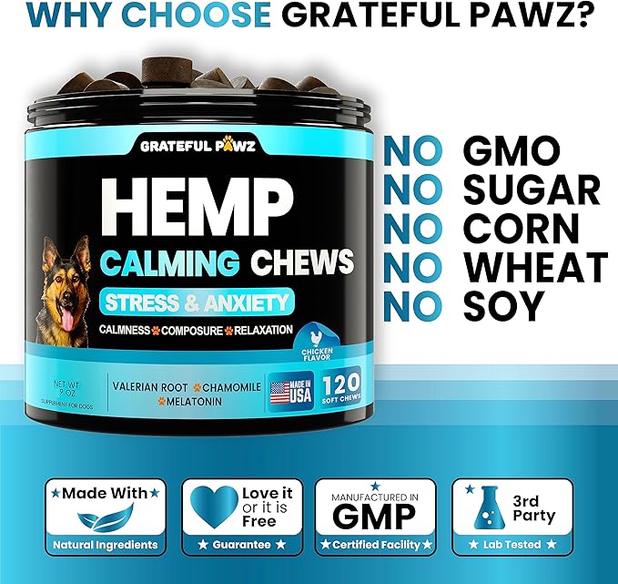 Hemp Calming Chews Treats for Dogs Anxiety Relief & Stress - Travel, Thunder, Separation - Hemp Oil - Valerian - Melatonin for Dogs - Sleep Calming Aid - Pet Soft Bites GratefulPawz