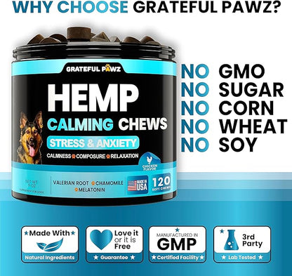 Hemp Calming Chews Treats for Dogs Anxiety Relief & Stress - Travel, Thunder, Separation - Hemp Oil - Valerian - Melatonin for Dogs - Sleep Calming Aid - Pet Soft Bites GratefulPawz