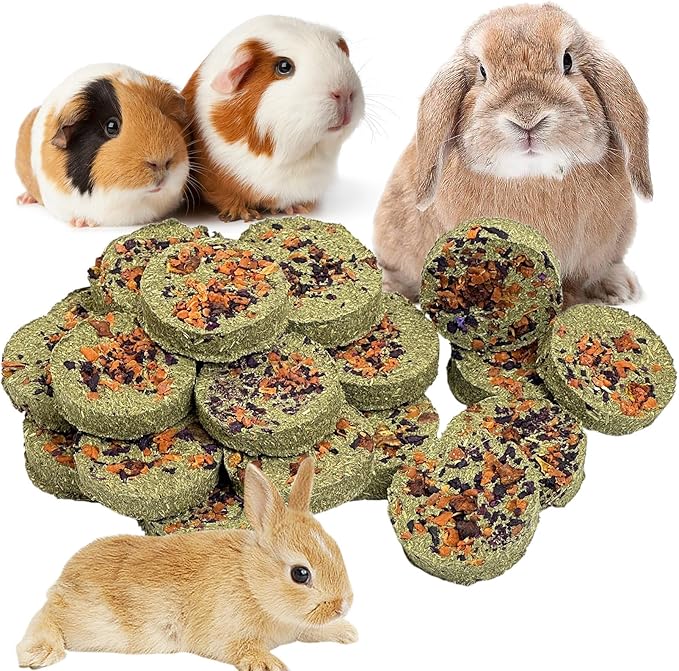 Fhiny 24 PCS Rabbit Chew Toys, Natural Timothy Hay Carrot Pumpkin Purple Potato Biscuit Cubes Bunny Chew Treats for Teeth Care Small Animals Molar Snacks for Hamster Guinea Pig Chinchilla Rat Fhiny