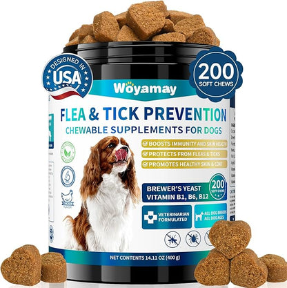 Flea and Tick Prevention for Dogs Chewables, 200 Soft Treats, Natural Dog Flea and Tick Treatment, Oral Flea Pills for Dogs Supplement, Flea and Tick Chews for Dogs Puppies, All Breeds & Sizes Woyamay