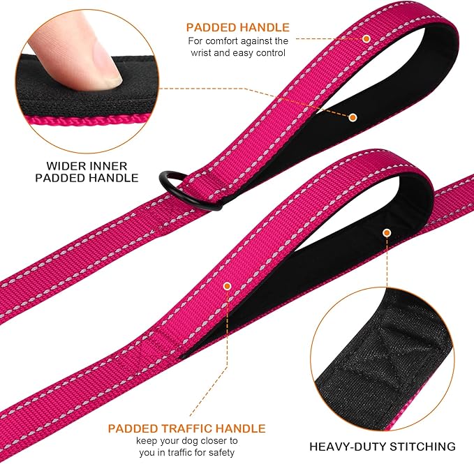 Joytale Dog Leash Heavy Duty for Large Dogs That Pull, Double Handle for Traffic Control, Double-Sided Reflective Leashes for Large Medium Dogs Night Safety, 4FT, Hot Pink Joytale