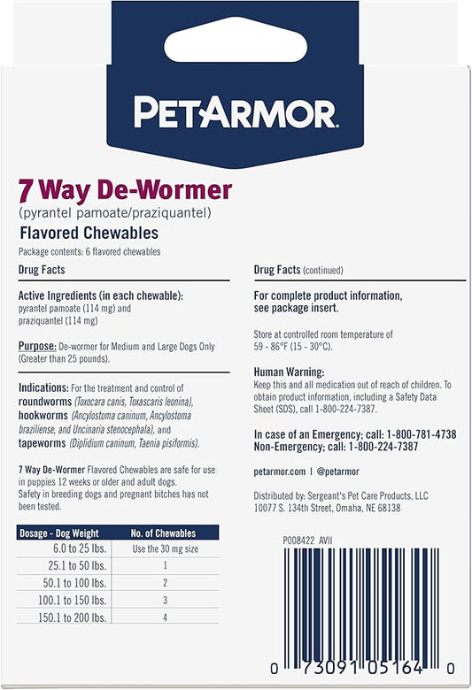 PetArmor 7 Way De-Wormer for Dogs, Oral Treatment for Tapeworm, Roundworm & Hookworm in Large Dogs & Puppies (Over 25 lbs), Worm Remover (Praziquantel & Pyrantel Pamoate), 6 Flavored Chewables PetArmor