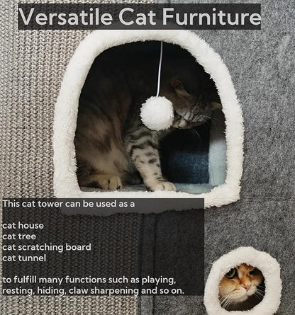 3-Level Cat House for Indoor Cats, Large Adult Cat Cave Bed Cats Cube House with Scratch Pad Cat Towers, Cute Kitten Condo Hideaway Hut with Soft Pillow Mat for Multi Pets Under 50 lbs - PAWPICO