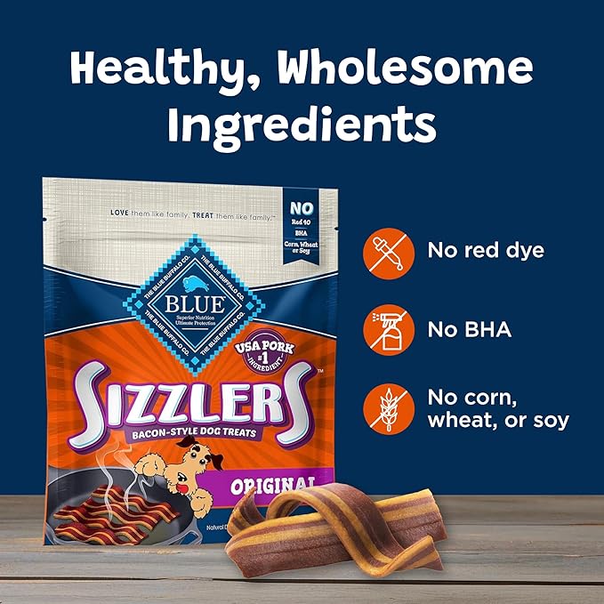 Blue Buffalo Sizzlers Natural Soft Dog Treats, Bacon-Style Soft-Moist Dog Treats with Real USA Pork, Original Flavor, 6-oz Bag - PAWPICO