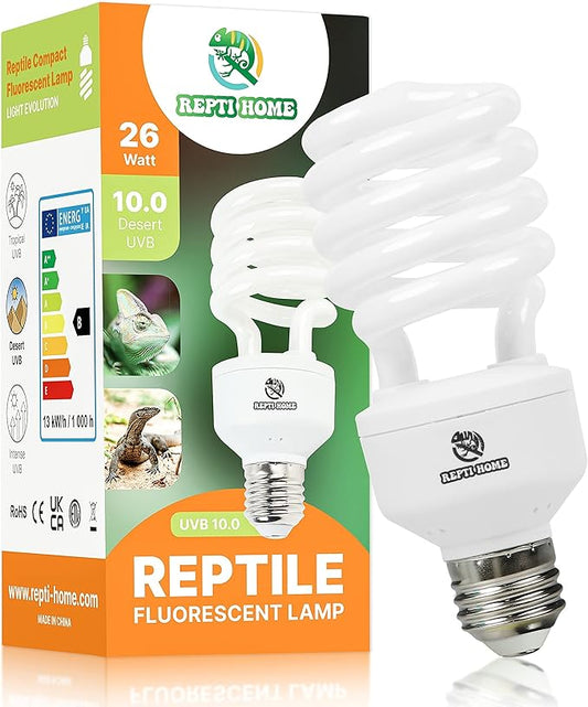 UVB Reptile Light 10.0, 26W Desert UVA UVB Bulb for Reptiles, Compact Desert Terrarium Lamp, Reptile UVB Light Bulb for Bearded Dragon, Lizard, Tortoise, Snake, Gecko REPTIHOME