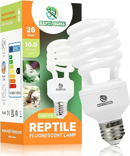 UVB Reptile Light 10.0, 26W Desert UVA UVB Bulb for Reptiles, Compact Desert Terrarium Lamp, Reptile UVB Light Bulb for Bearded Dragon, Lizard, Tortoise, Snake, Gecko REPTIHOME
