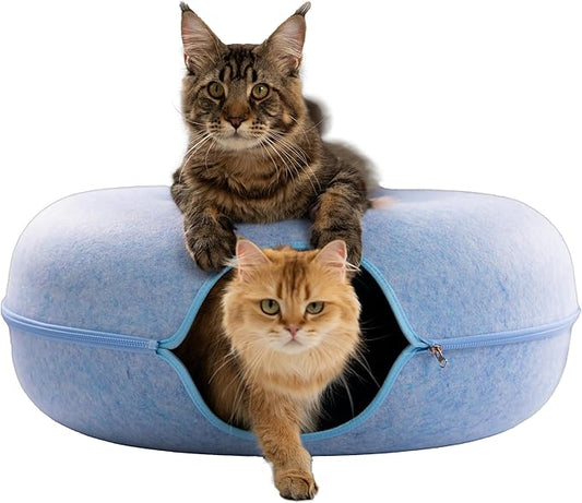CATTASAURUS Peekaboo Cat Cave for Multiple & Large Cats Up to 30-45 Lbs, Scratch Detachable & Washable Tunnel Bed, Comfy Donut Cat Cave (Blue, Jumbo) - PAWPICO