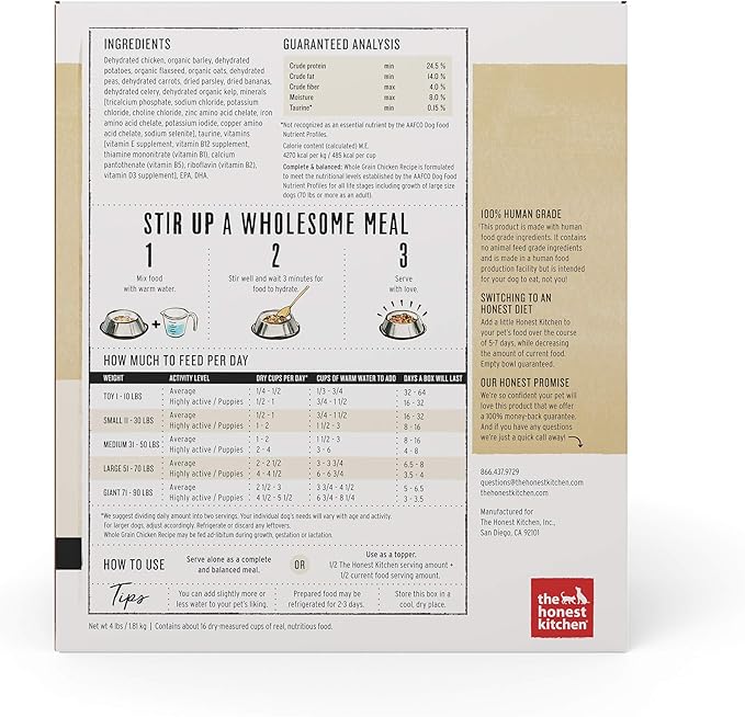 The Honest Kitchen Dehydrated Whole Grain Chicken Dog Food, 4 lb Box - PAWPICO