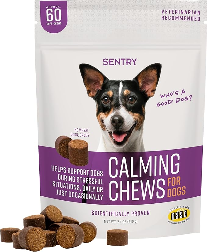 Sentry Calming Chews for Dogs, Calming Aid Helps to Manage Stress & Anxiety, with Pheromones That May Help Curb Destructive Behavior & Separation Anxiety, Calming Health Supplement for Dogs, 60 Count Sentry