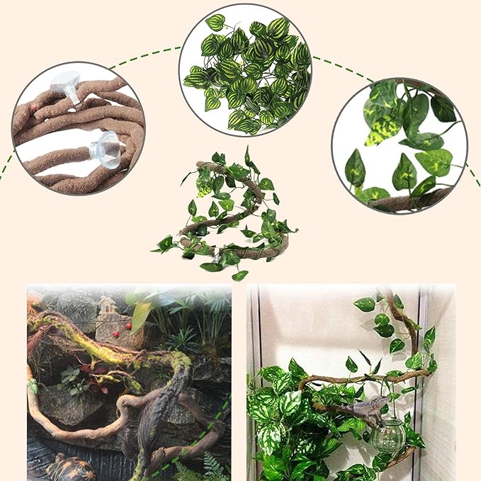 PINVNBY Bearded Dragon Hammock Lizard Natural Seagrass Habitat Reptile Tank Accessories Jungle Climber Vines Flexible Leaves Decor for Climbing Reptiles Lizards Chameleon Gecko Snakes PINVNBY