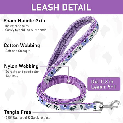 GAMUDA Small Dog Harness Collar and Leash Set, Step in No Chock No Pull Soft Mesh Adjustable Dog Vest Harnesses Plaid Reflective for Dogs Puppy Cats Kitten Rabbit (Purple Flower, M) GAMUDACollarsCollection