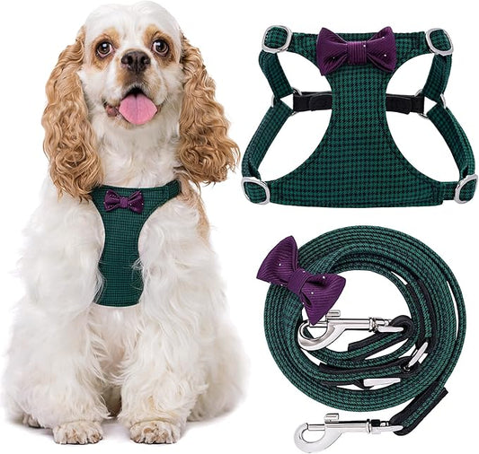 Puppytie No Pull Dog Harness with Multifunction Dog Leash,Soft Adjustable No Choke Escape Proof Pet Harness Vest for Medium Dogs,Plaid Green,M Puppytie