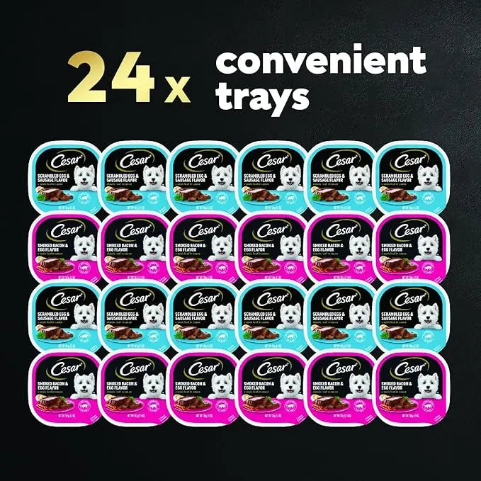 CESAR Soft Wet Dog Food Classic Loaf in Sauce Breakfast Variety Pack, (12) 3.5 oz. Easy Peel Trays, Pack of 2 - PAWPICO