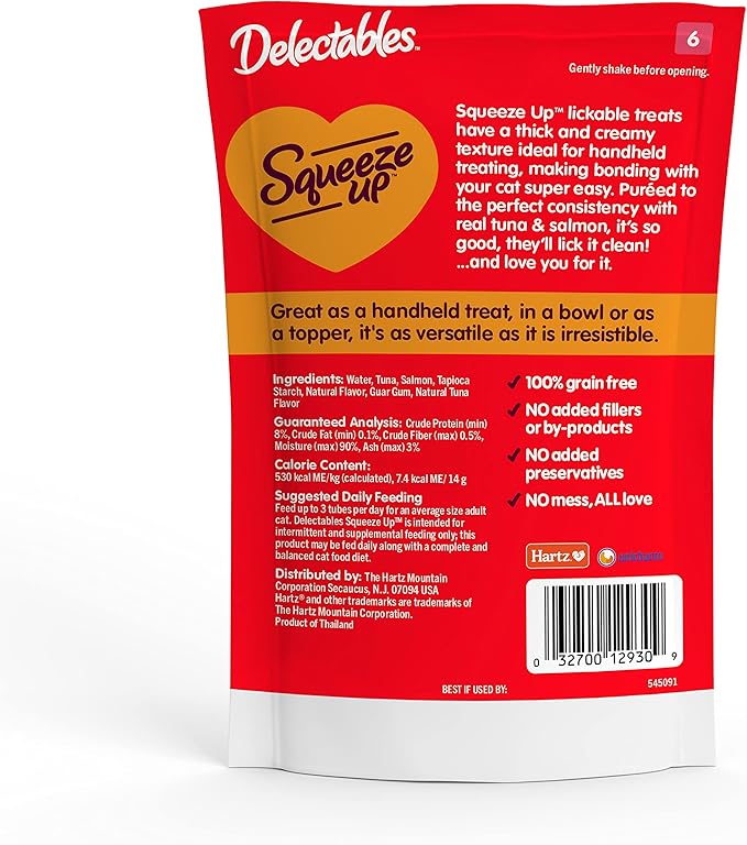 Hartz Delectables Squeeze Up Interactive Lickable Wet Cat Treats for Adult & Senior Cats, Tuna & Salmon, 4 Count(Pack of 8) Hartz