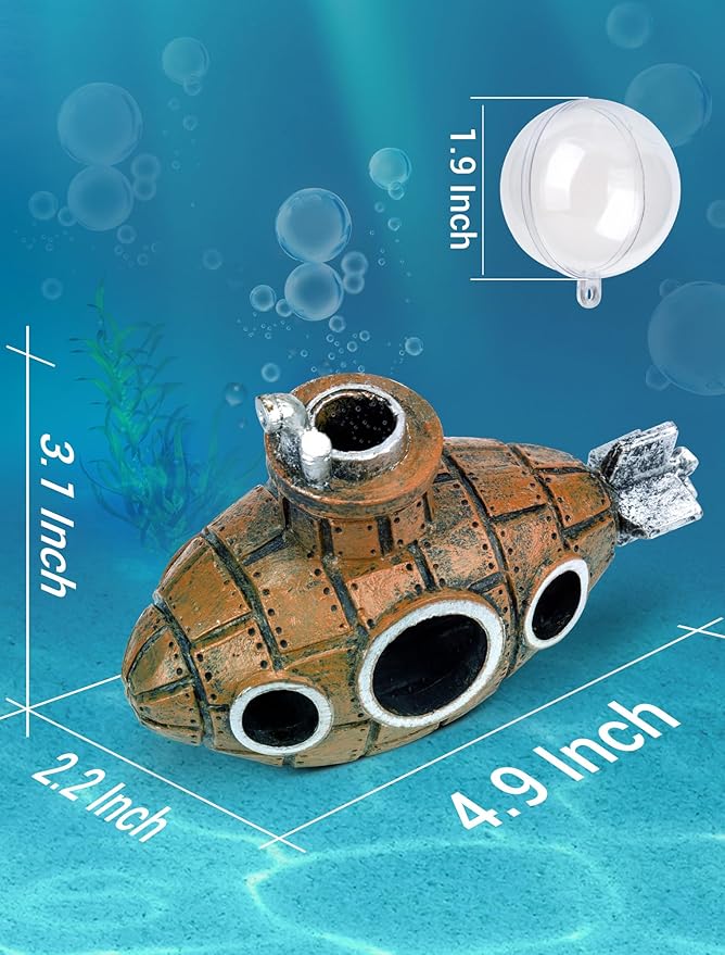 Floating Fish Tank Decoration, Little Cute Retro Submarine Aquarium Decoration with Two Float Balls, Resinous Fish Tank Accessorie, Safe Fish Toy for Betta Cichlid Goldfish Shrimps Hermit Crabs SARDVISA