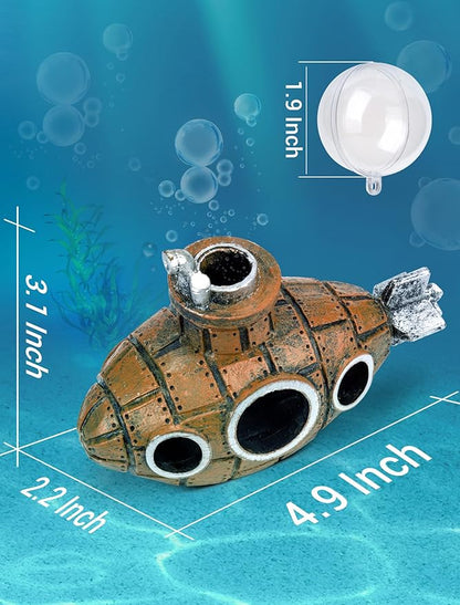 Floating Fish Tank Decoration, Little Cute Retro Submarine Aquarium Decoration with Two Float Balls, Resinous Fish Tank Accessorie, Safe Fish Toy for Betta Cichlid Goldfish Shrimps Hermit Crabs SARDVISA