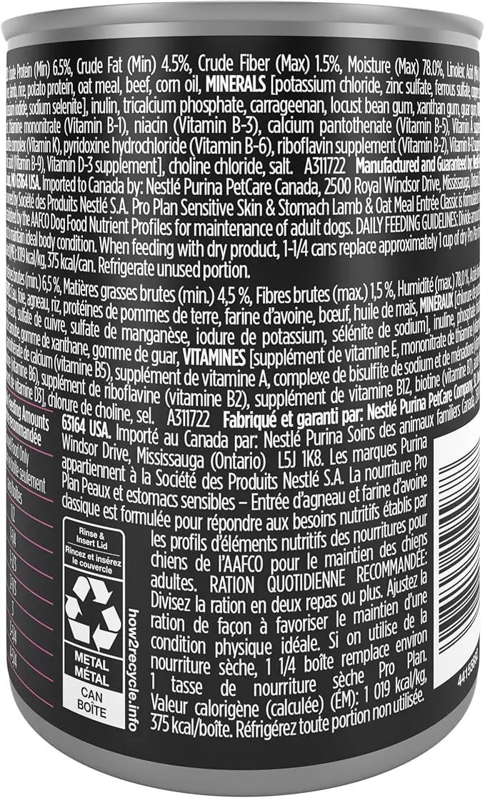 Purina Pro Plan Sensitive Skin and Stomach Wet Dog Food Pate Lamb and Oat Meal Entree - (Pack of 12) 13 oz. Cans - PAWPICO