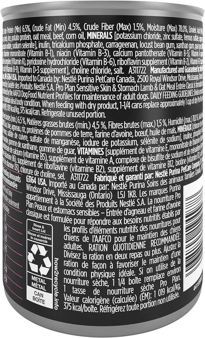Purina Pro Plan Sensitive Skin and Stomach Wet Dog Food Pate Lamb and Oat Meal Entree - (Pack of 12) 13 oz. Cans - PAWPICO