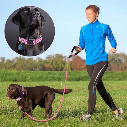 Reflective Dog Collar Padded with Soft Neoprene Breathable Adjustable Nylon Dog Collars for Small Medium Large Dogs (Small (Pack of 1), Pink Plaid Collar+Leash) ladoogo