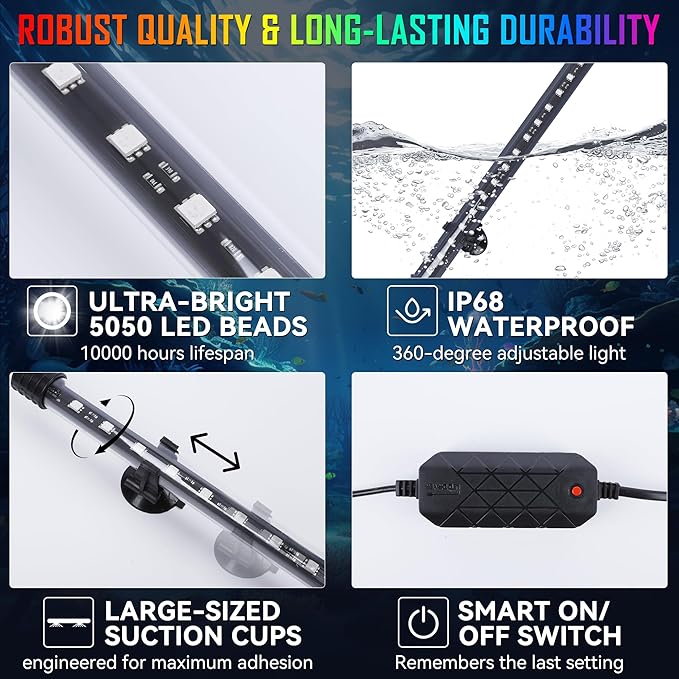 Smart App-Controlled RGB LED Aquarium Light with 16 Million Colors & 12 Dynamic Effects, Underwater Fish Tank Light with Timer, Submersible LED Lights with Adjustable Brightness and Speed - 23'' POZANKI