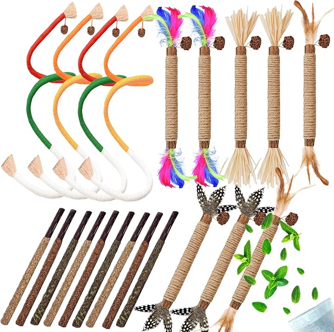 Cat Toys 21PCS Catnip Toy for Indoor Kitten Toys Cat Chew Stick for Dental Cleaning Teeth Cat Silvervine Rope Treat Kitty Feather Snack for for Kick Molar Scratch Self Play Interactive Boredom - PAWPICO