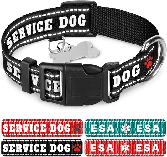 TECEUM Reflective Pet Collar – Black - Service Dog – XS – Basic Nylon Dog Collar – Quick Release Buckle – Fits Small, Medium and Large Dogs, Puppies, Cats – ESA & Service Dog Options TECEUM