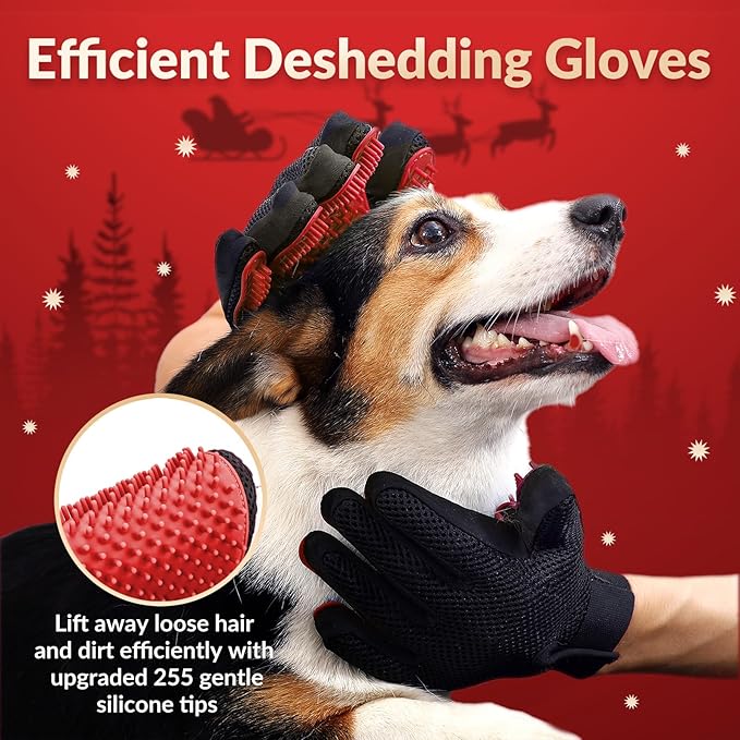 Upgrade Version Pet Grooming Glove - Gentle Deshedding Brush Glove - Efficient Pet Hair Remover Mitt - Enhanced Five Finger Design - Perfect for Dog & Cat with Long & Short Fur - 1 Pair - PAWPICO
