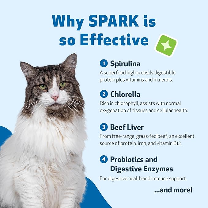 Pet Wellbeing Spark Daily Nutritional Greens Superfood for Cats - Probiotics, Prebiotics, Digestive Enzymes, Amino Acids, Antioxidants, Vitamin D, Spirulina - Veterinarian-Formulated 3.53 oz (100 g) PetWellbeing
