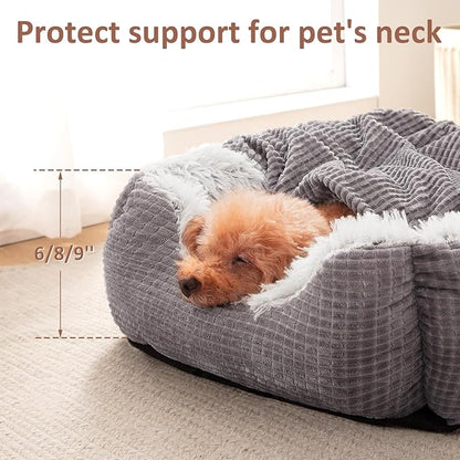 MIXJOY Dog Beds for Large Medium Small Dogs, Rectangle Cave Hooded Blanket Puppy Bed, Luxury Orthopedic Cat Beds for Indoor Cats, Warmth and Machine Washable (35 inches, Grey) - PAWPICO