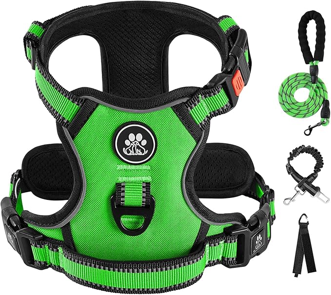 IVY&LANE No Pull Dog Harness for Large Dogs, Dog Vest Harness with Leash, Safety Belt and Storage Strap, Fully Adjustable Harness, 360° Reflective Strip, Soft Handle (Green, XL) IVYLANE