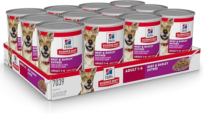 Hill's Science Diet Adult 1-6, Adult 1-6 Premium Nutrition, Wet Dog Food, Beef & Barley Loaf, 13 oz Can, Case of 12 - PAWPICO