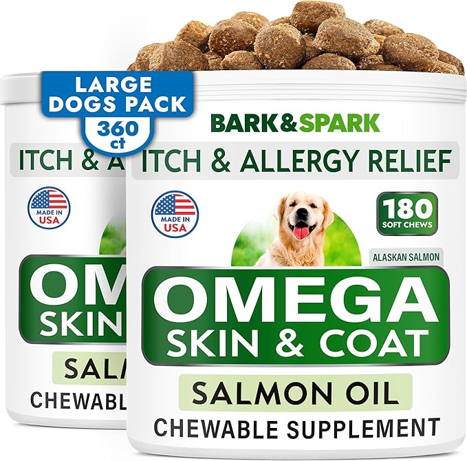 BARK&SPARK Omega 3 for Dogs - 360 Fish Oil Treats for Dog Shedding, Skin Allergy, Itch Relief, Hot Spots Treatment - Joint Health - Skin and Coat Supplement - EPA & DHA Fatty Acids - Alaskan Salmon BARKSPARK