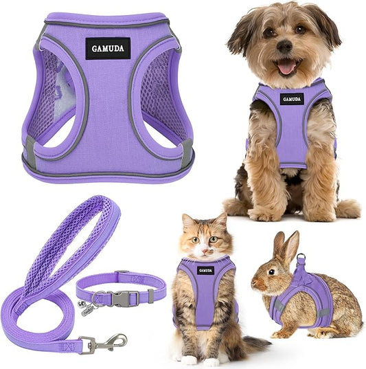 GAMUDA Small Pet Harness Collar and Leash Set, Step in No Chock No Pull Linen Fabric Soft Mesh Dog Vest Harnesses Reflective for Dogs Puppy Cats Kitten Rabbit (Purple, S) GAMUDACollarsCollection