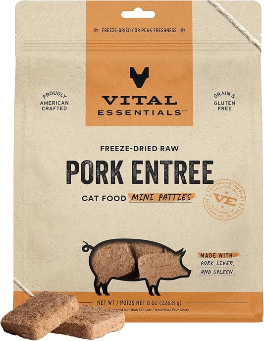 Vital Essentials Freeze Dried Cat Food, Raw Pork Mini Patties Entree 8 oz VitalEssentials