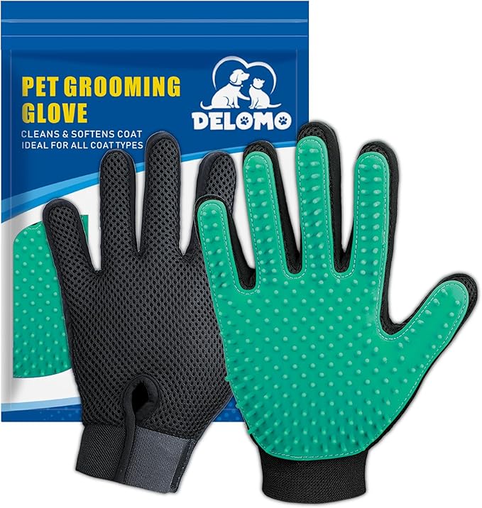 DELOMO Pet Hair Remover Gloves, 255 Tips, Deshedding Glove for Dog and Cat, Gentle De-Shedding Glove Brush, Green, 2 Count - PAWPICO