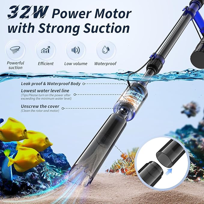 Fish Tank Cleaner - Aquarium Gravel Cleaner, 530GPH/32W Electric Fish Tank Cleaning Tools, Adjustable Water Flow Aquarium Cleaner Kit, Fish Tank Gravel Cleaner Vacuum for Water Changing, Wash Sand PAWPICO