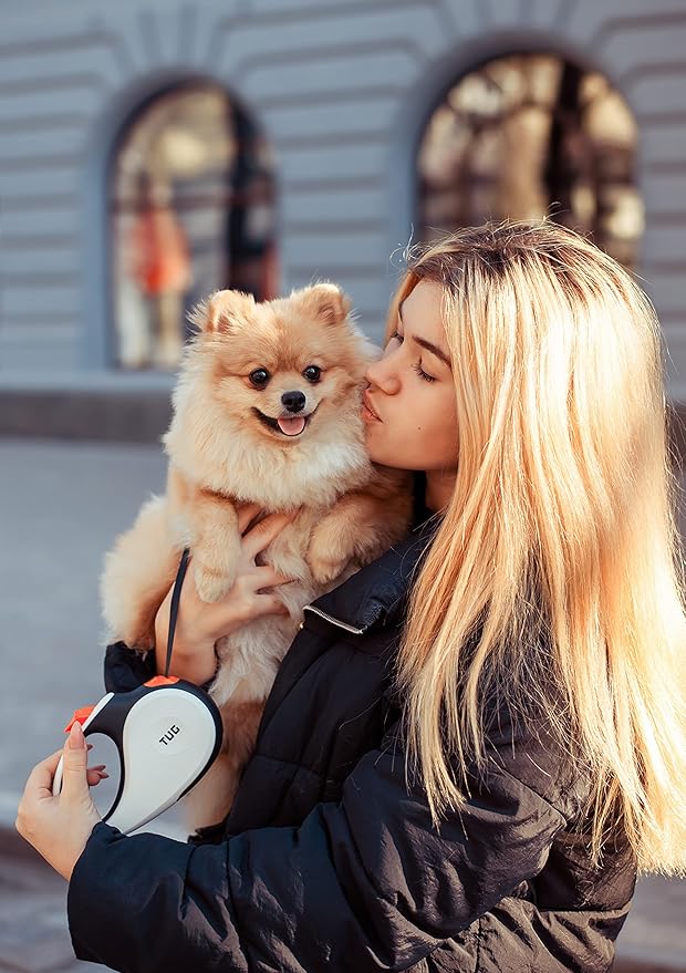 TUG 360° Tangle-Free Retractable Dog Leash with Anti-Slip Handle | 16 ft Strong Nylon Tape | One-Handed Brake, Pause, Lock (Small, White/Orange) TUG