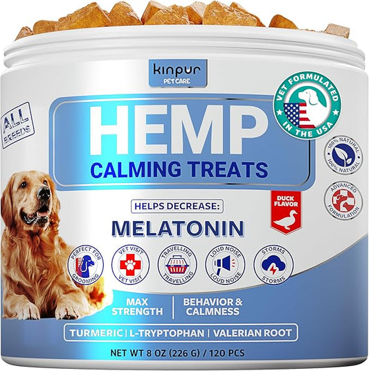 Natural Hemp Calming Chews for Dogs w/ Valerian Root & Melatonin - Mood & Behavior Aid for Fireworks, Thunderstorms, Separation - Hip Joint Health - Duck-Flavored Tasty Dog Calming Treats 120 Chews KinpurPetCare
