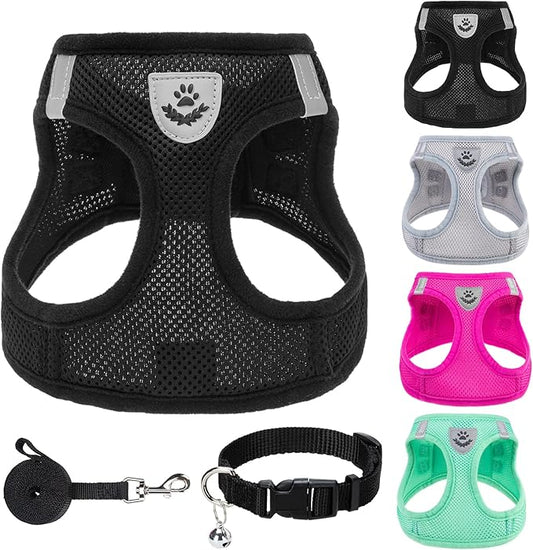 PUPTECK Adjustable Dog Harness Collar and Leash Set Step in No Pull Pet Harness for Small Medium Dogs Puppy and Cats Outdoor Walking Running, Soft Mesh Padded Reflective Vest Harnesses, Solid Black M PUPTECK