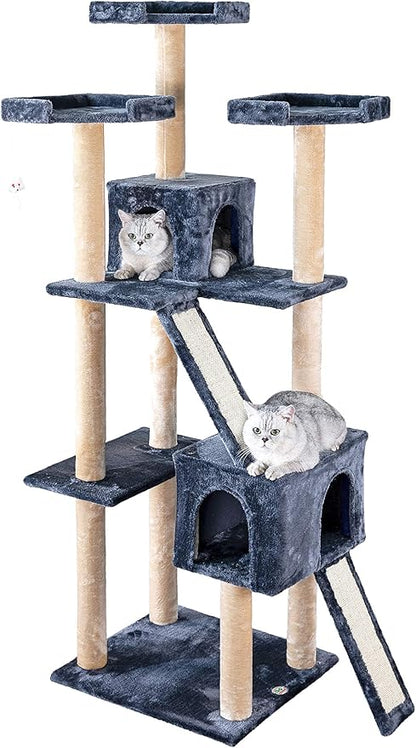 Go Pet Club Everyday Value 71in Cat Tree Kitty Tower Kitten with Dual Condos and Double Scratching Boards Indoor Cat Activity Center Furniture, Gray/Beige - PAWPICO