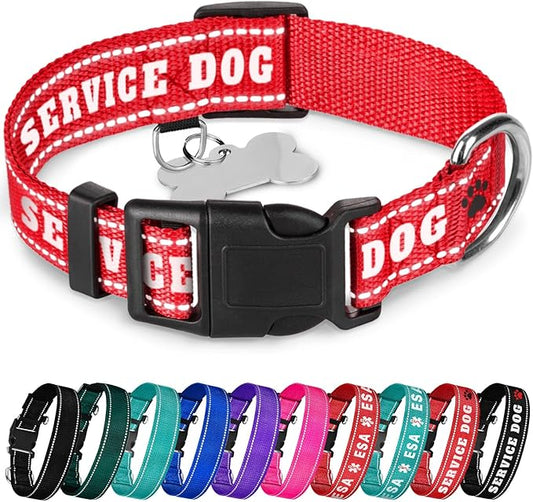 TECEUM Reflective Pet Collar – Red - Service Dog – L – Basic Nylon Dog Collar – Quick Release Buckle – Fits Small, Medium and Large Dogs, Puppies, Cats – ESA & Service Dog Options TECEUM