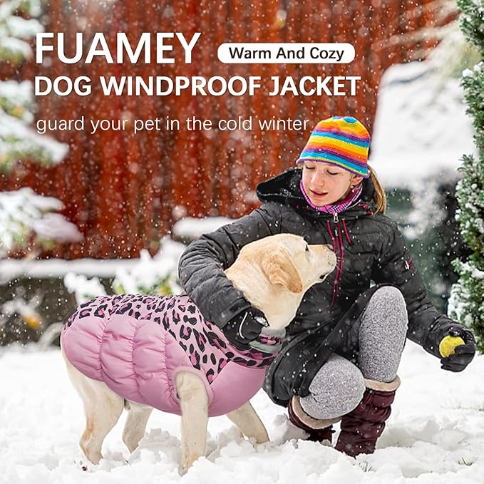 FUAMEY Dog Winter Coat,Dog Cold Weather Coats Dog Jackets with Zipper on Back with Harness Built in Dog Paded Vest Water Resistant Reflective Jacket for Small Medium Large Dogs Pink Leopard XXL - PAWPICO