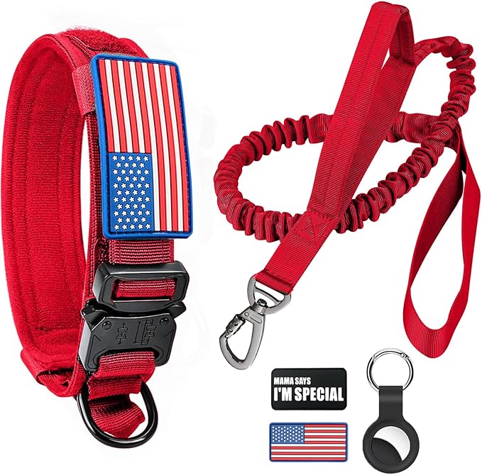 Tactical Dog Collar and Bungee Leash,Military Dog Collar & Leash Set with USA American Flag Adjustable K9 Collar with Heavy Duty Metal Buckle & Handle,with Patches and Airtags Case (XL, Red) Celifelight