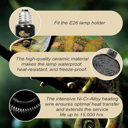 Pack of 3 Black Ceramic Heat Emitters, 100W Reptile Heat Bulbs for Lizards, Snake, Bearded Dragon, Reptiles & Amphibians, No Light & No Disturbing BOEESPATDirect