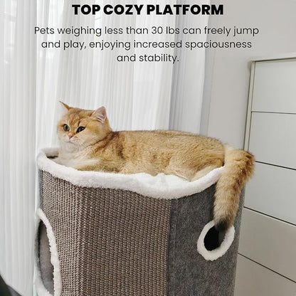 3-Level Cat House for Indoor Cats, Large Adult Cat Cave Bed Cats Cube House with Scratch Pad Cat Towers, Cute Kitten Condo Hideaway Hut with Soft Pillow Mat for Multi Pets Under 50 lbs - PAWPICO