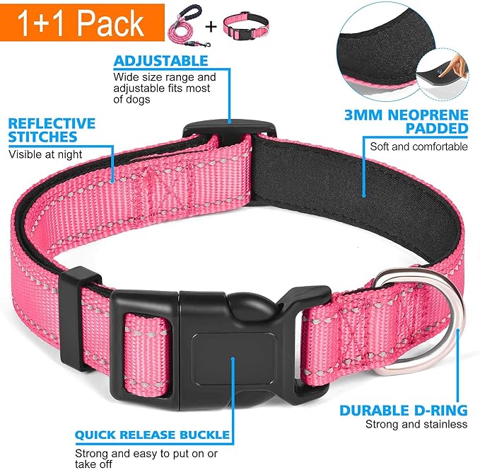 Reflective Dog Collar Padded with Soft Neoprene Breathable Adjustable Nylon Dog Collars for Small Medium Large Dogs (X-Small (Pack of 1), Pink Collar+Leash) ladoogo
