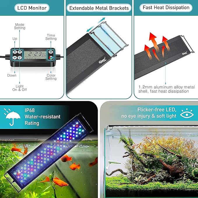 hygger Auto On Off LED Aquarium Light, Full Spectrum Fish Tank Light with LCD Monitor, 24/7 Lighting Cycle, 7 Colors, Adjustable Timer, IP68 Waterproof, 3 Modes for 12"-18" Freshwater Planted Tank hygger
