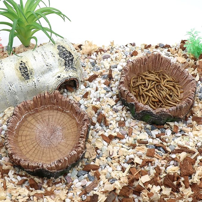 Reptile Water Dish Food Bowls, 2 Pcs Artificial Tree Trunk Reptile Tank Decor Bowl for Leopard Gecko Lizard Spider Scorpion Hermit Crabs relaqcc