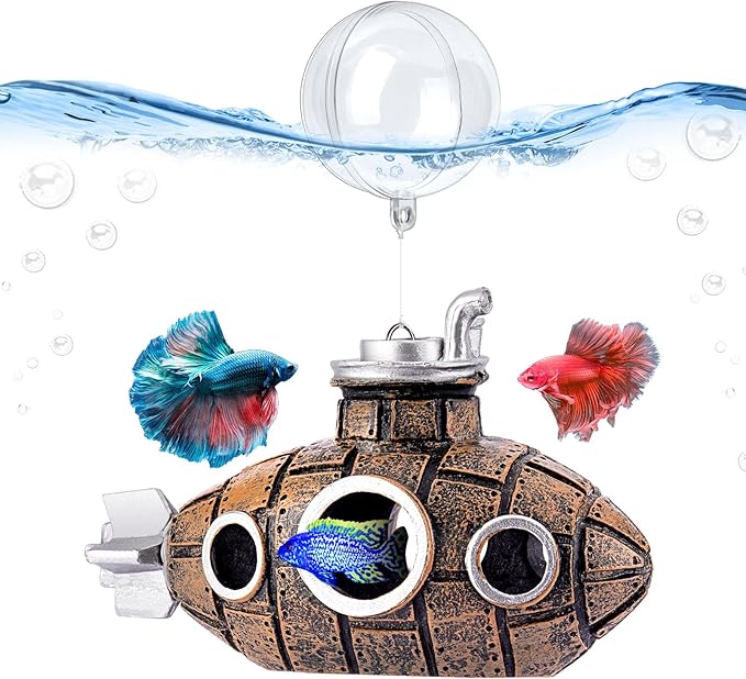 Floating Fish Tank Decoration, Little Cute Retro Submarine Aquarium Decoration with Two Float Balls, Resinous Fish Tank Accessorie, Safe Fish Toy for Betta Cichlid Goldfish Shrimps Hermit Crabs SARDVISA